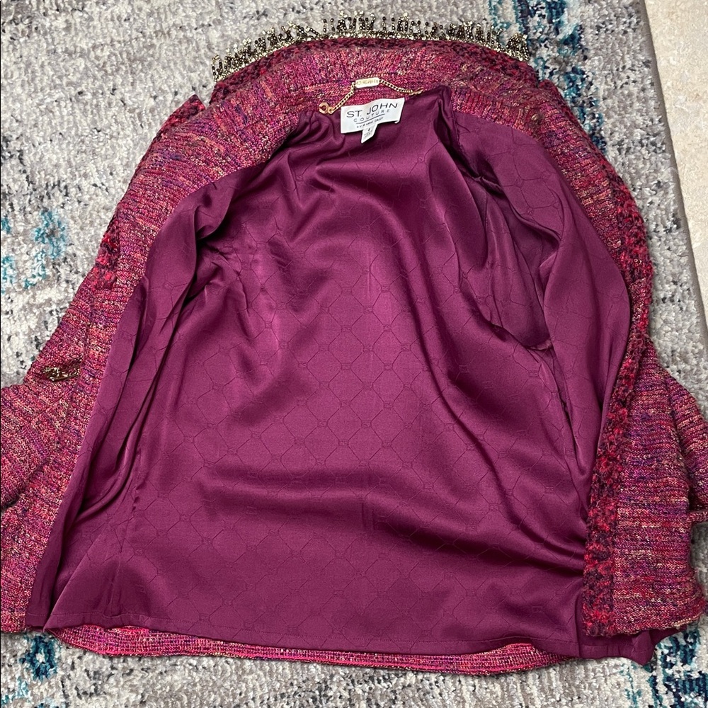 ST. JOHN couture Tweed Jacket Rich Burgundy gold crystal chain beaded fringe - Picture 10 of 17